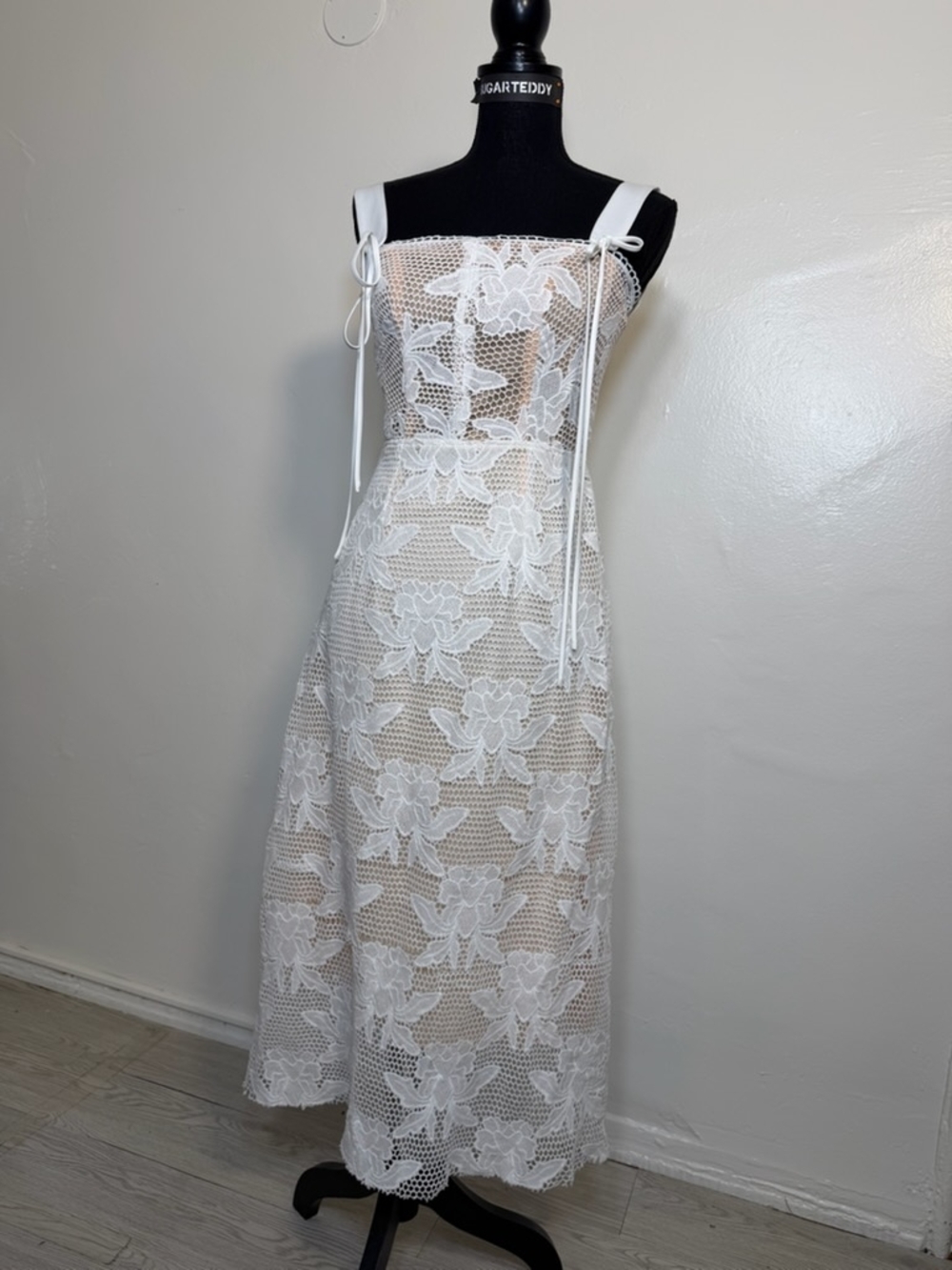 White Floral Lace Midi Dress with Tie Straps